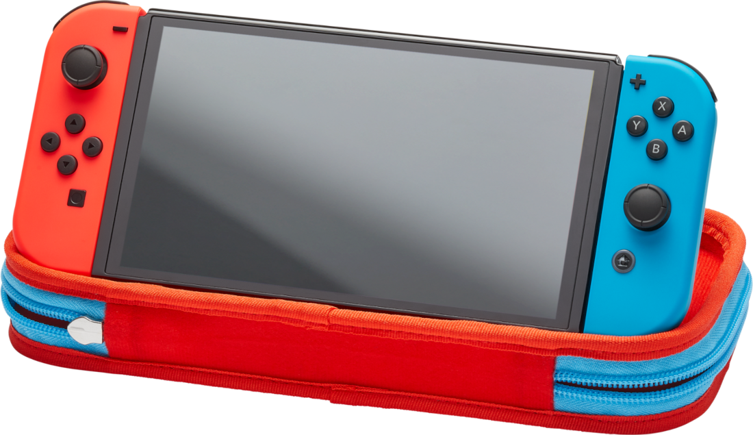 Piros-kék Nintendo Switch konzol piros tokban, kék cipzárral.