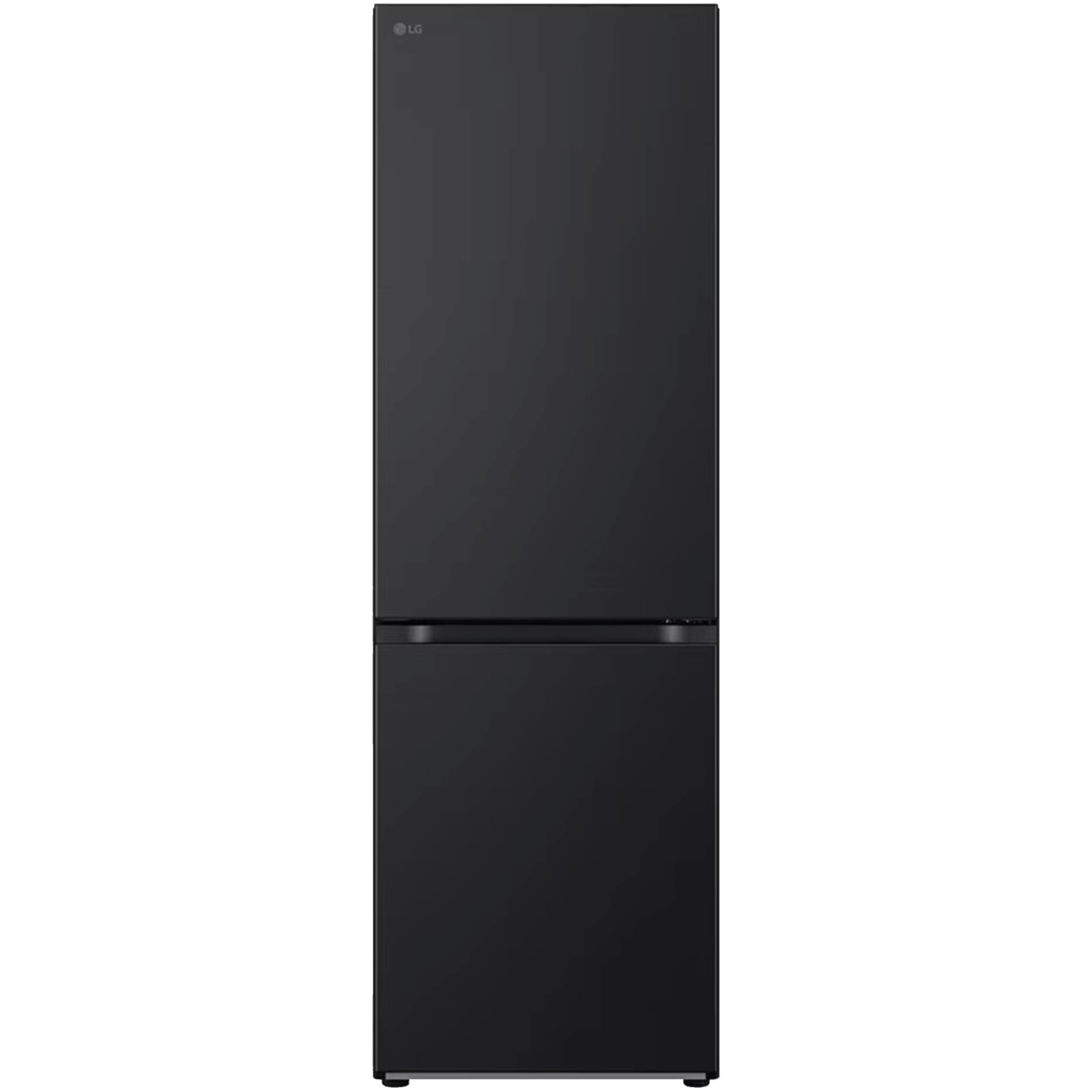 Czarna lodówka LG, dwudrzwiowa, na czarnym tle.