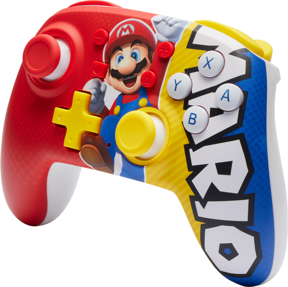 Piros-fehér Mario témájú videojáték-vezérlő gombokkal és dizájnnal.