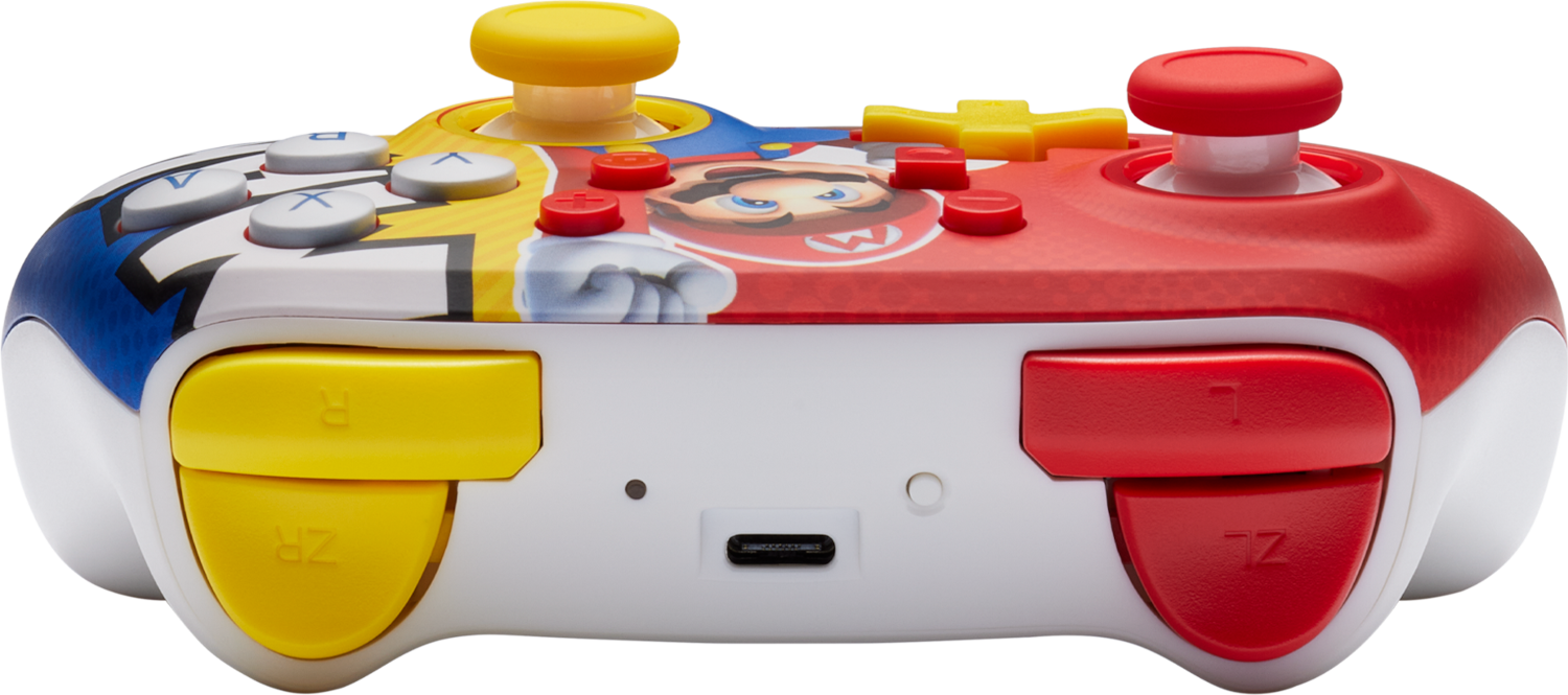 Nintendo Switch vezérlő, színes. Piros, sárga és kék gombok. Fehér háttér.