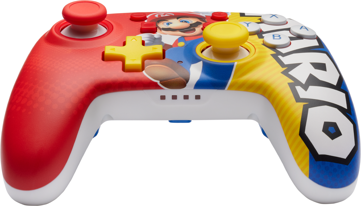 Egy piros-fehér Nintendo Switch kontroller Mario grafikával.