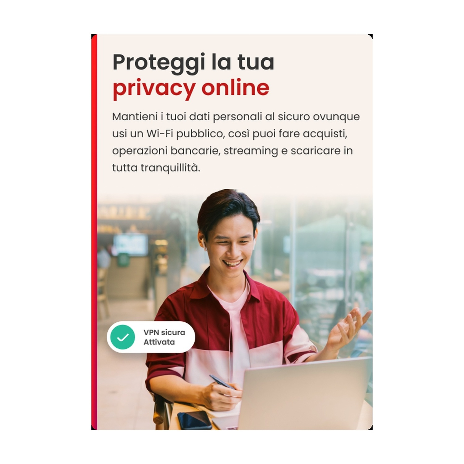 Uomo che usa un laptop con testo sulla protezione della privacy online.