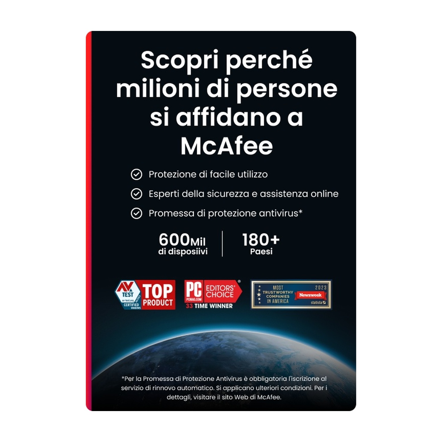 Annuncio McAfee con testo. Mostra loghi e testo su sicurezza e protezione.