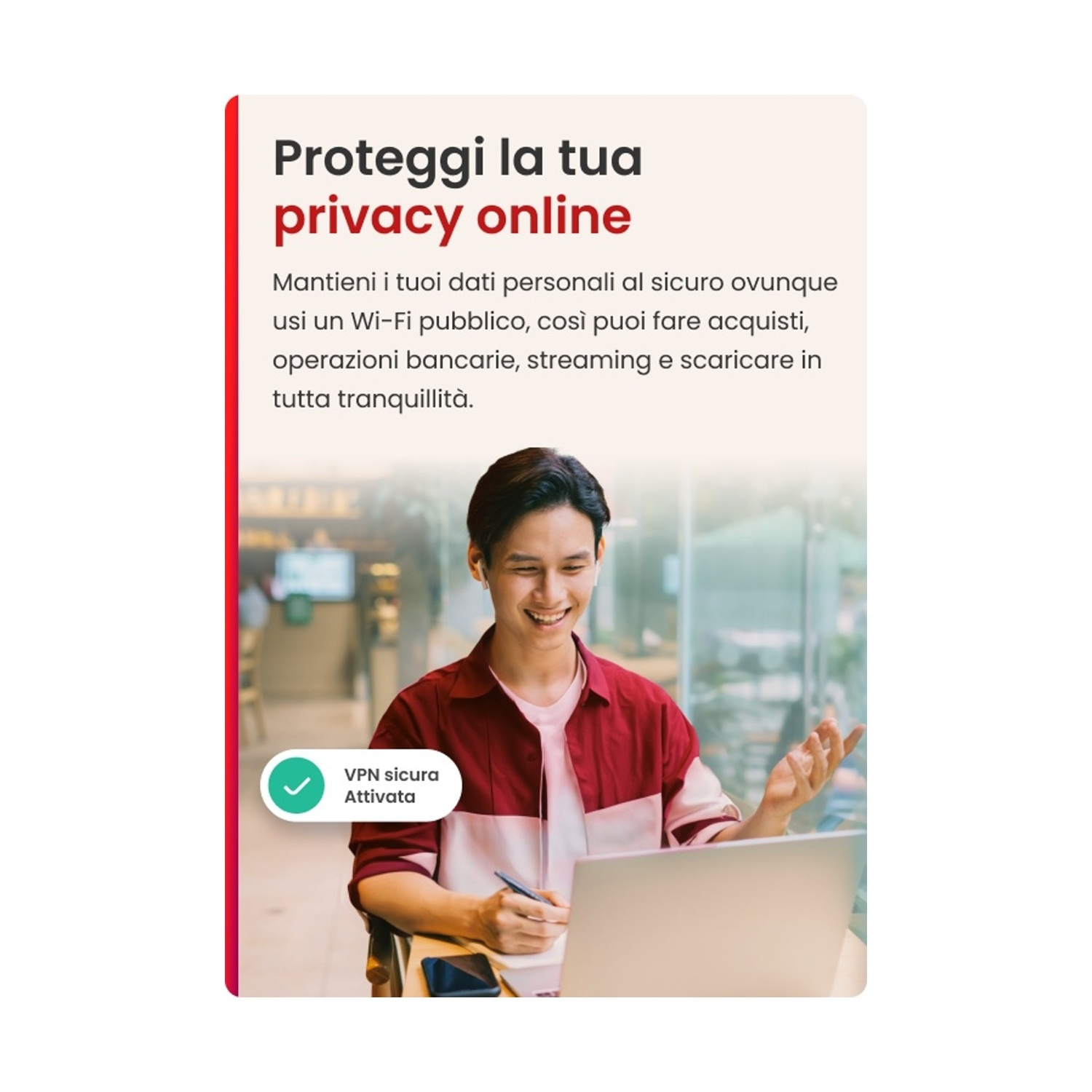 Uomo che usa un laptop, VPN sicura attivata.