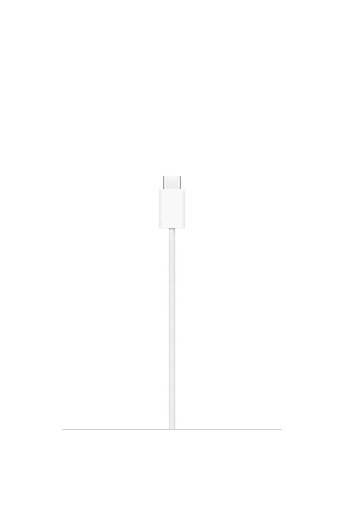 Üstte bir USB-C konektörlü beyaz bir şarj kablosu.