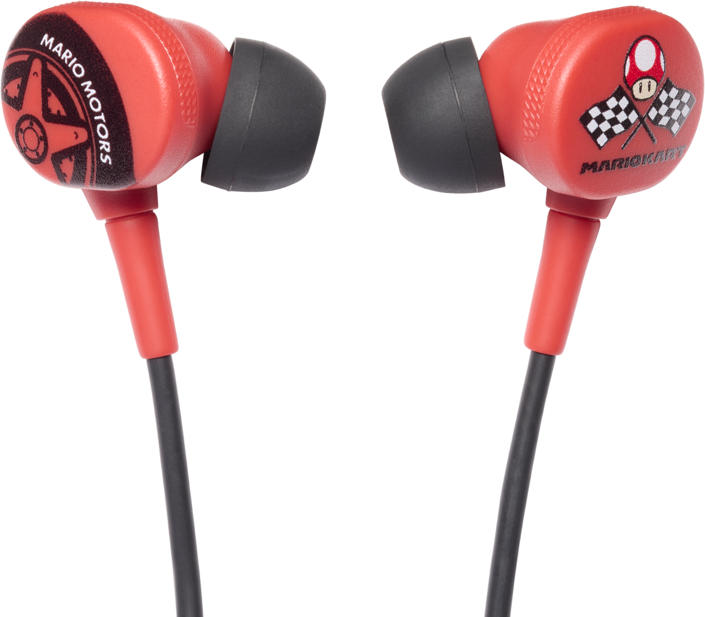 Piros fülhallgatók Mario Kart dizájnnal, fekete zsinórokkal és fekete füldugókkal.