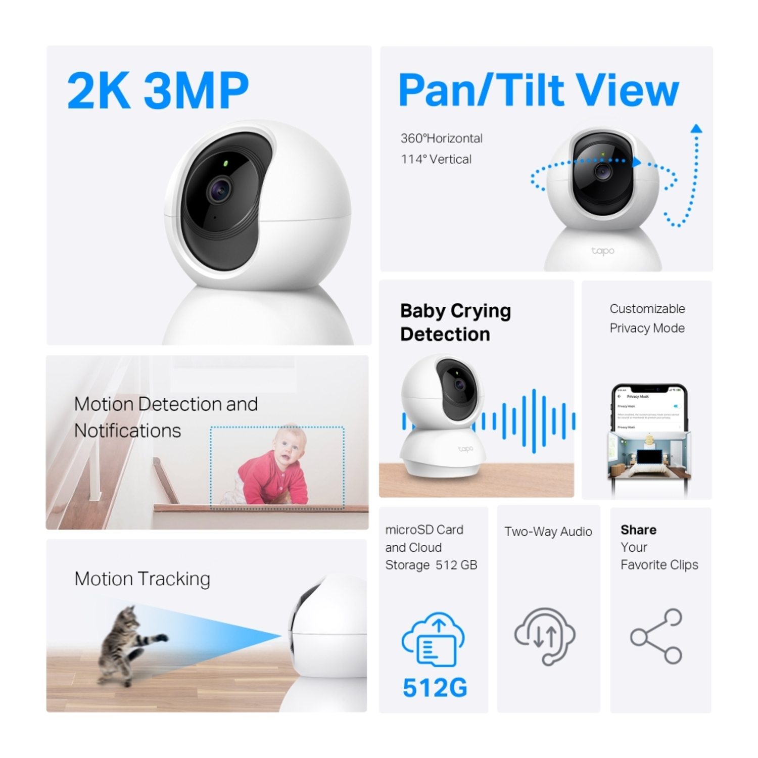 A white security camera with features, and an illustration of a baby.