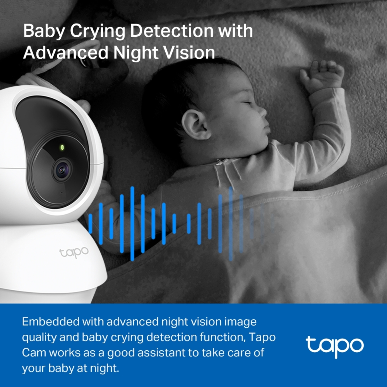 A baby monitor with a sleeping baby and the text 'Baby Crying Detection'.