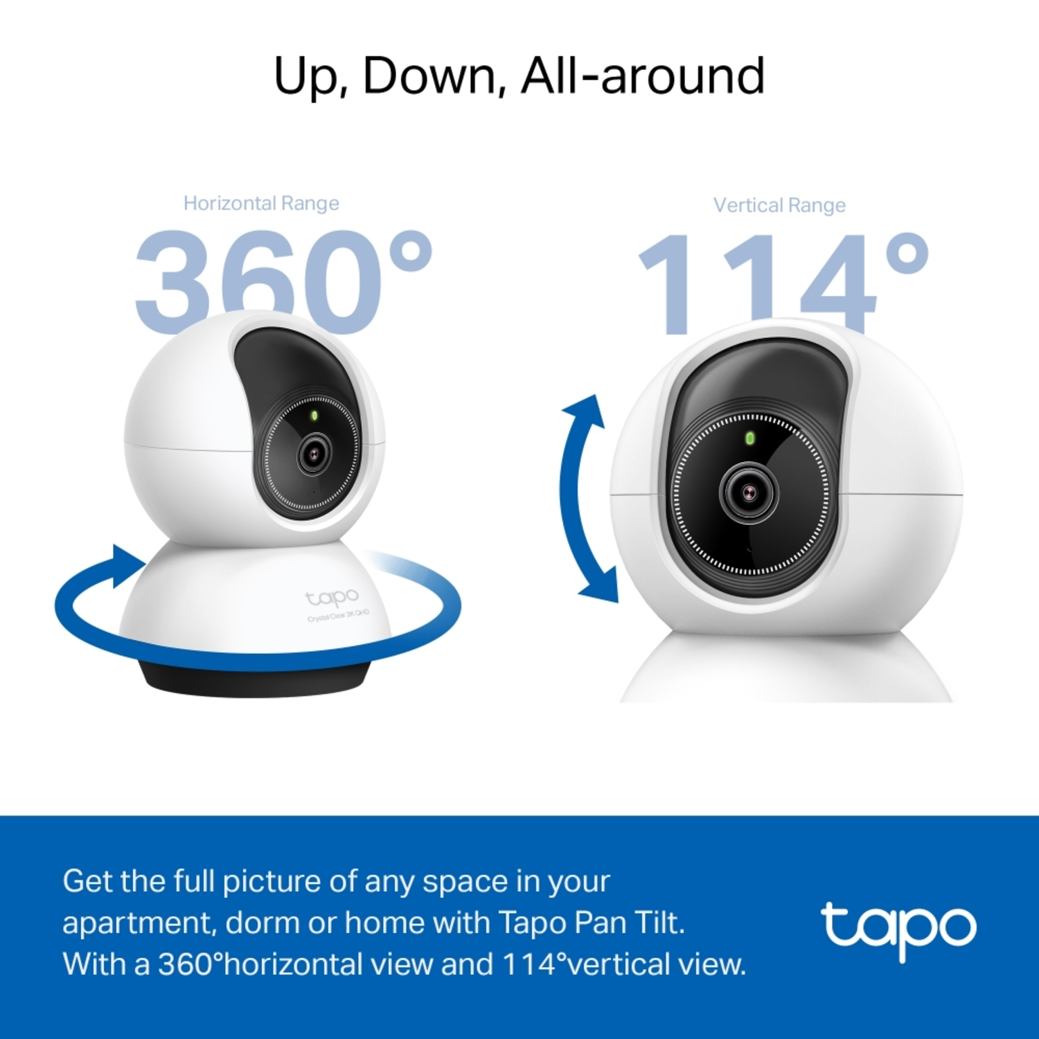 Witte camera met 360 en 114 graden zicht. Tekst luidt 'Omhoog, Omlaag, Rondom'.