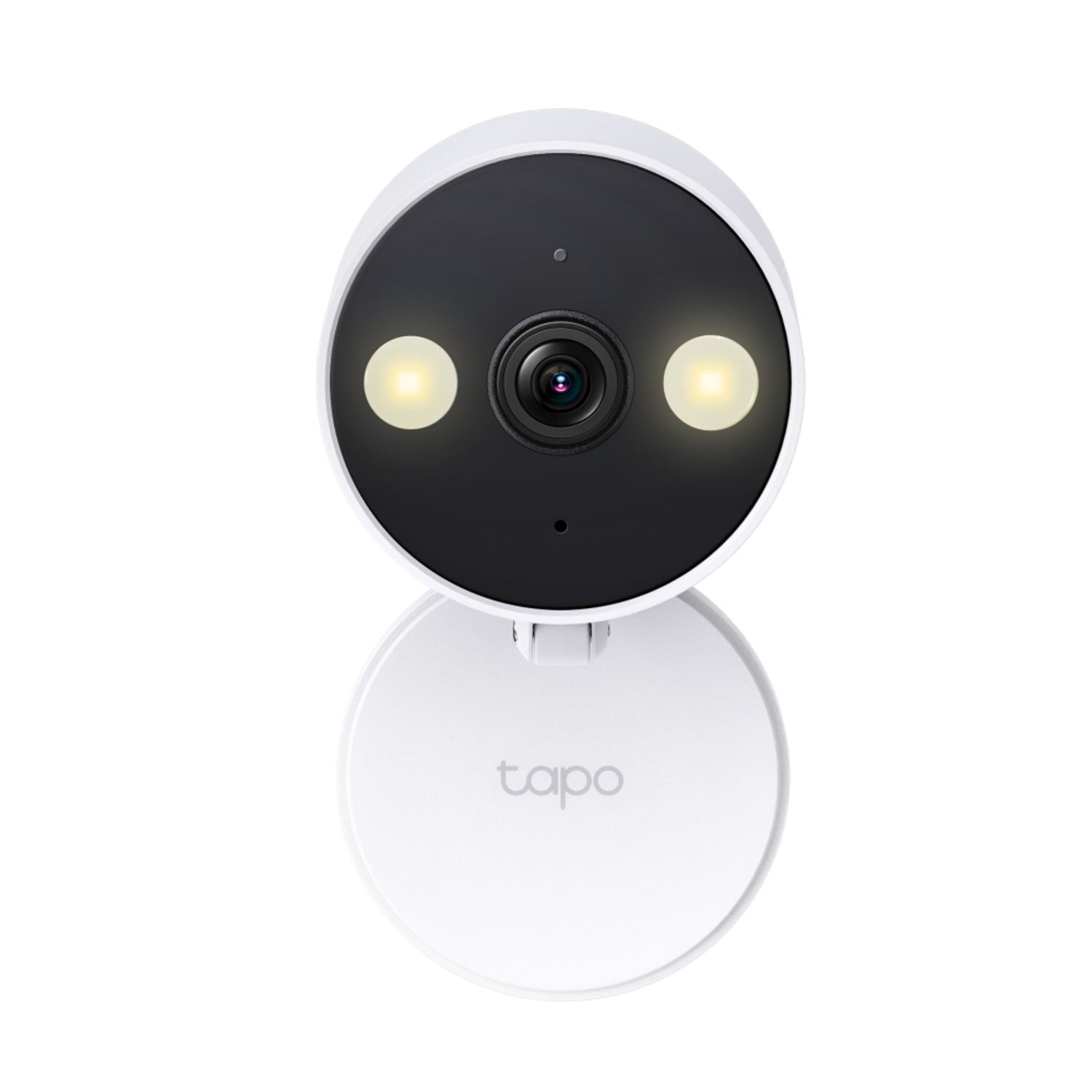 A white security camera with two lights and a camera lens. The brand is Tapo.
