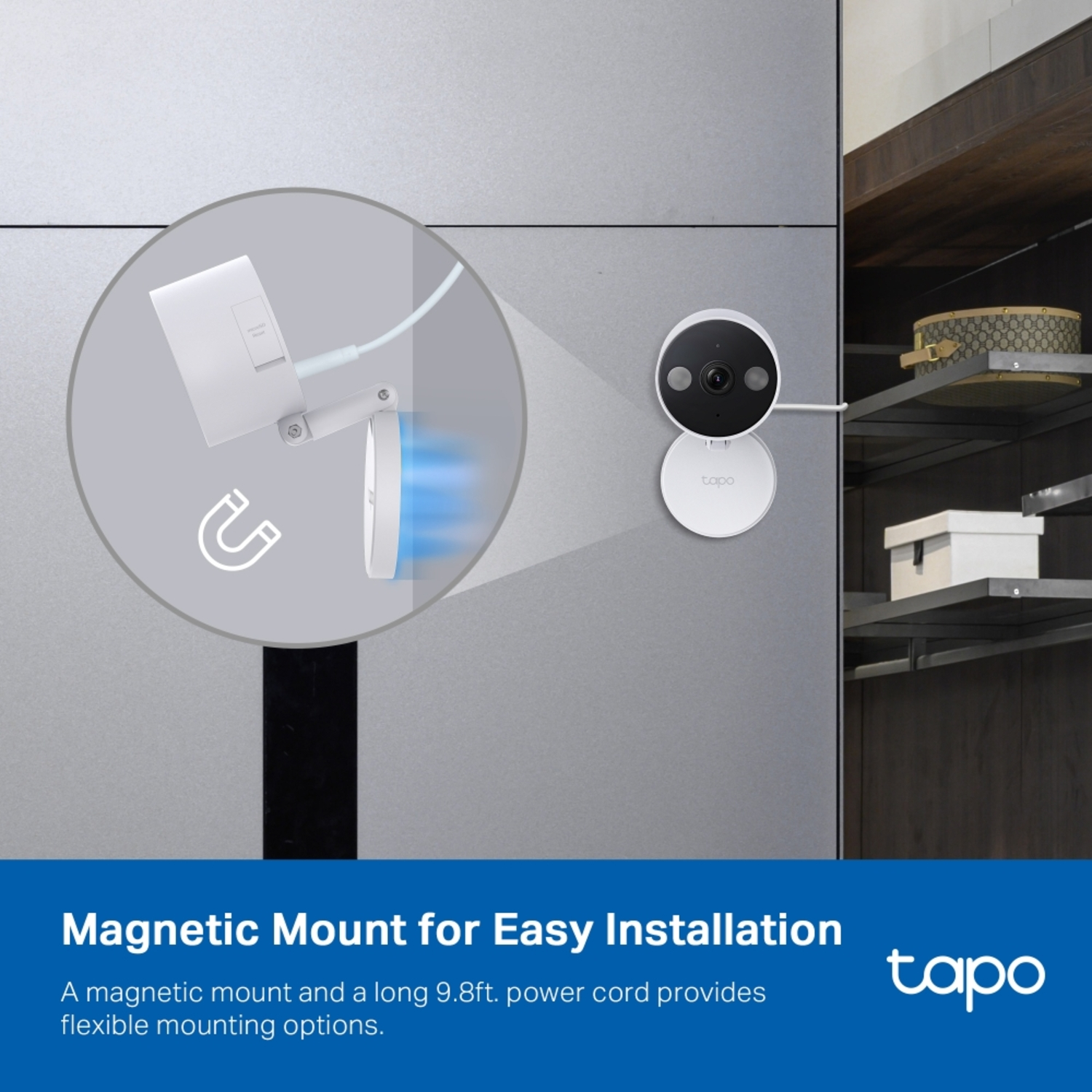 A security camera with a magnetic mount and a text bubble.