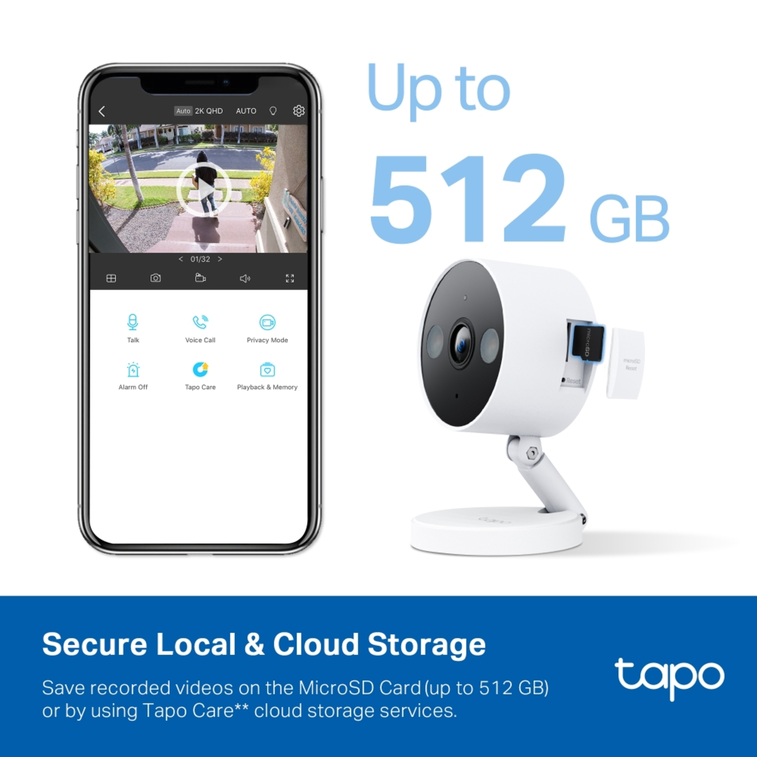 Phone showing surveillance camera view with app features.