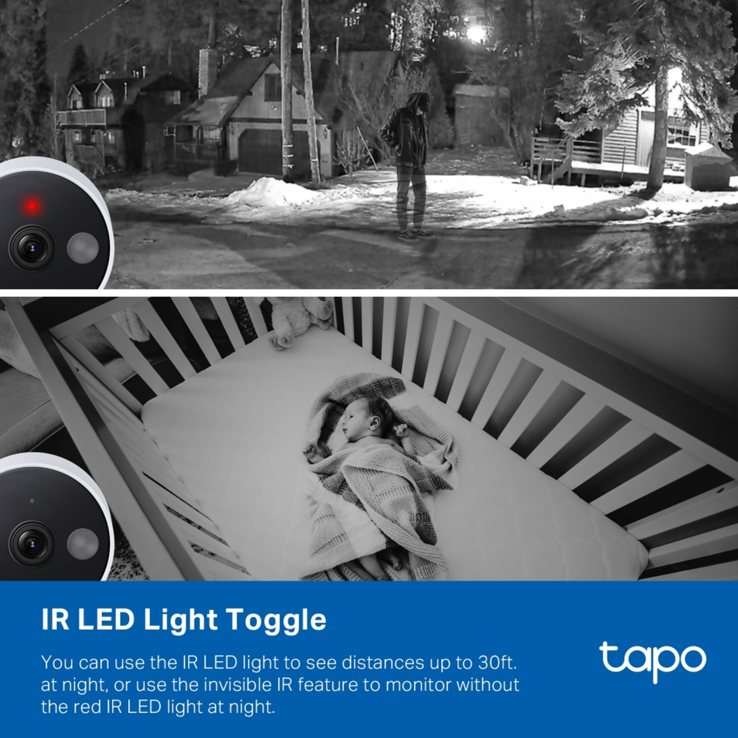 Home security camera with night vision, showing indoor and outdoor views.