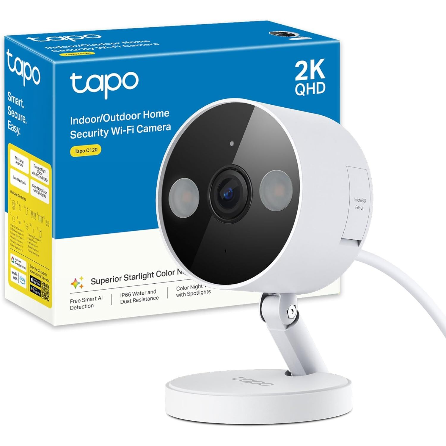 White indoor/outdoor security camera with a black lens and a box.
