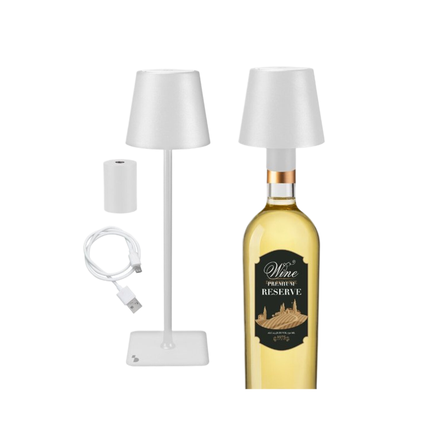 Deux lampes blanches avec abat-jours, un câble USB et une bouteille de vin avec étiquette blanche et vin à l'intérieur.