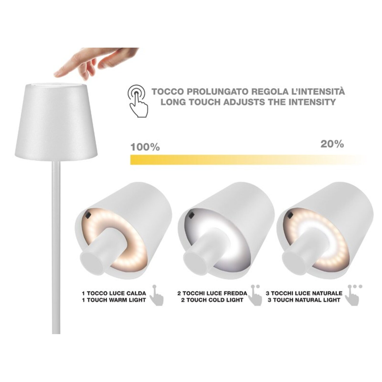 Une lampe blanche avec trois réglages de lumière : chaude, froide et naturelle.