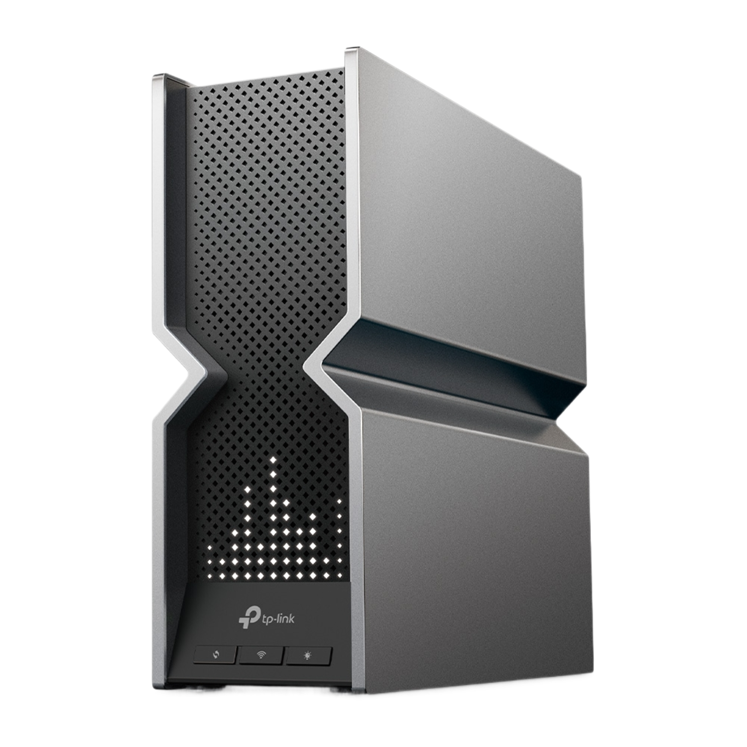 Un routeur TP-Link noir et gris avec un design distinctif, vue de face.