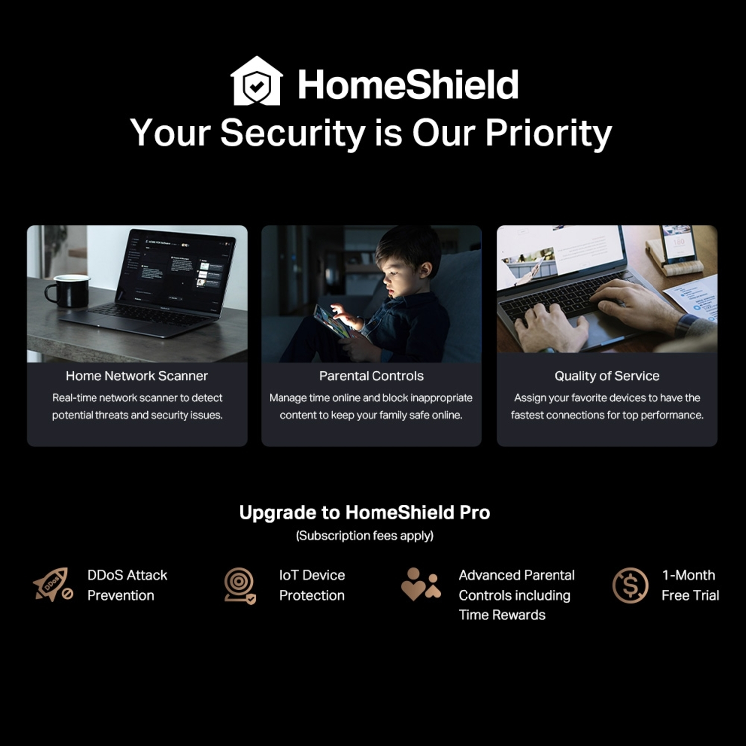 Graphique HomeShield. Trois petites images montrant les fonctions de sécurité.