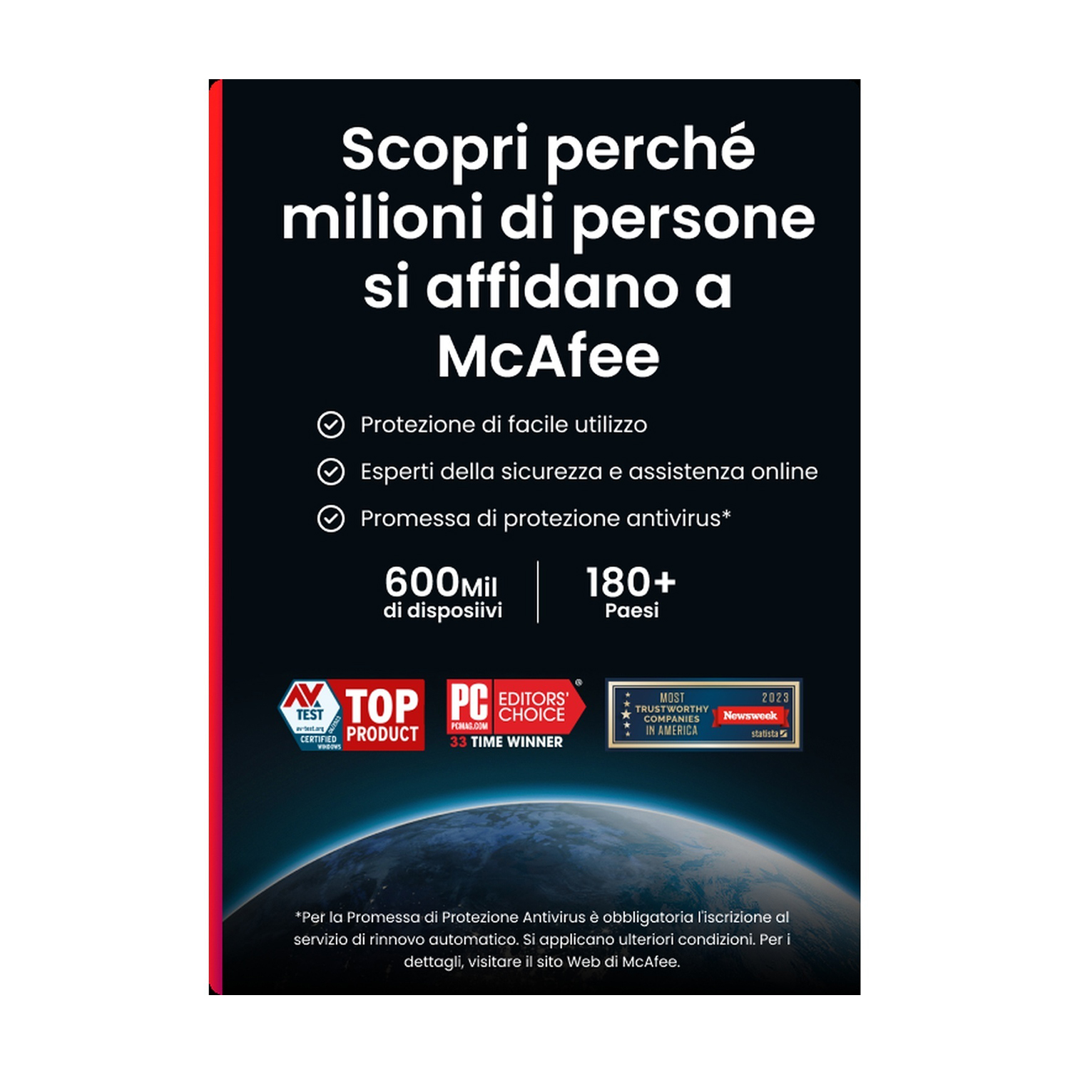 Una promozione per McAfee con testo e icone su sfondo scuro.