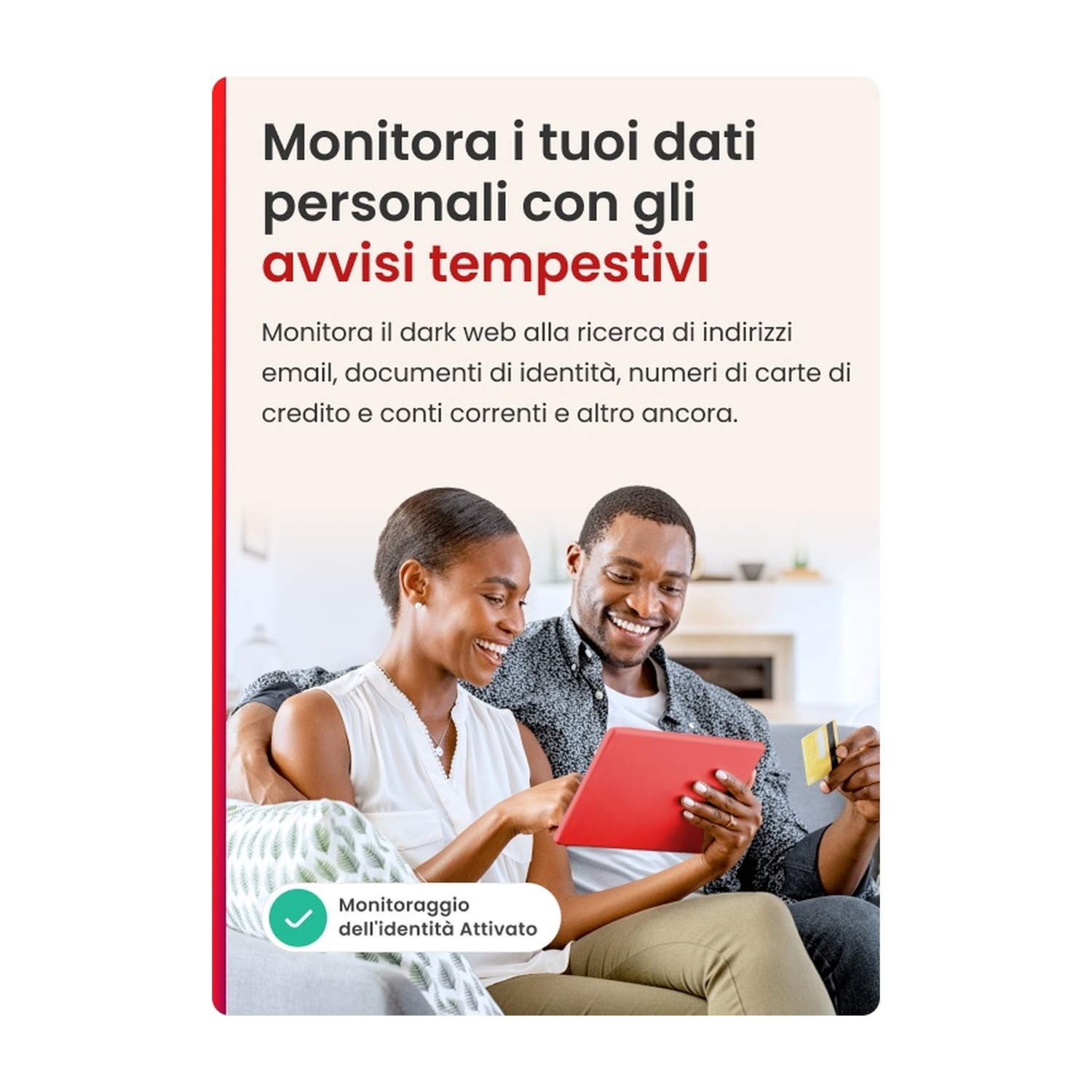 Una coppia guarda un tablet. Il testo discute il monitoraggio dei dati personali.
