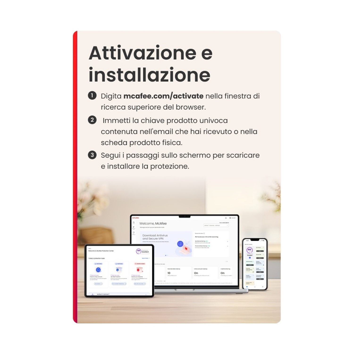 Istruzioni su sfondo bianco, con tre dispositivi elettronici.