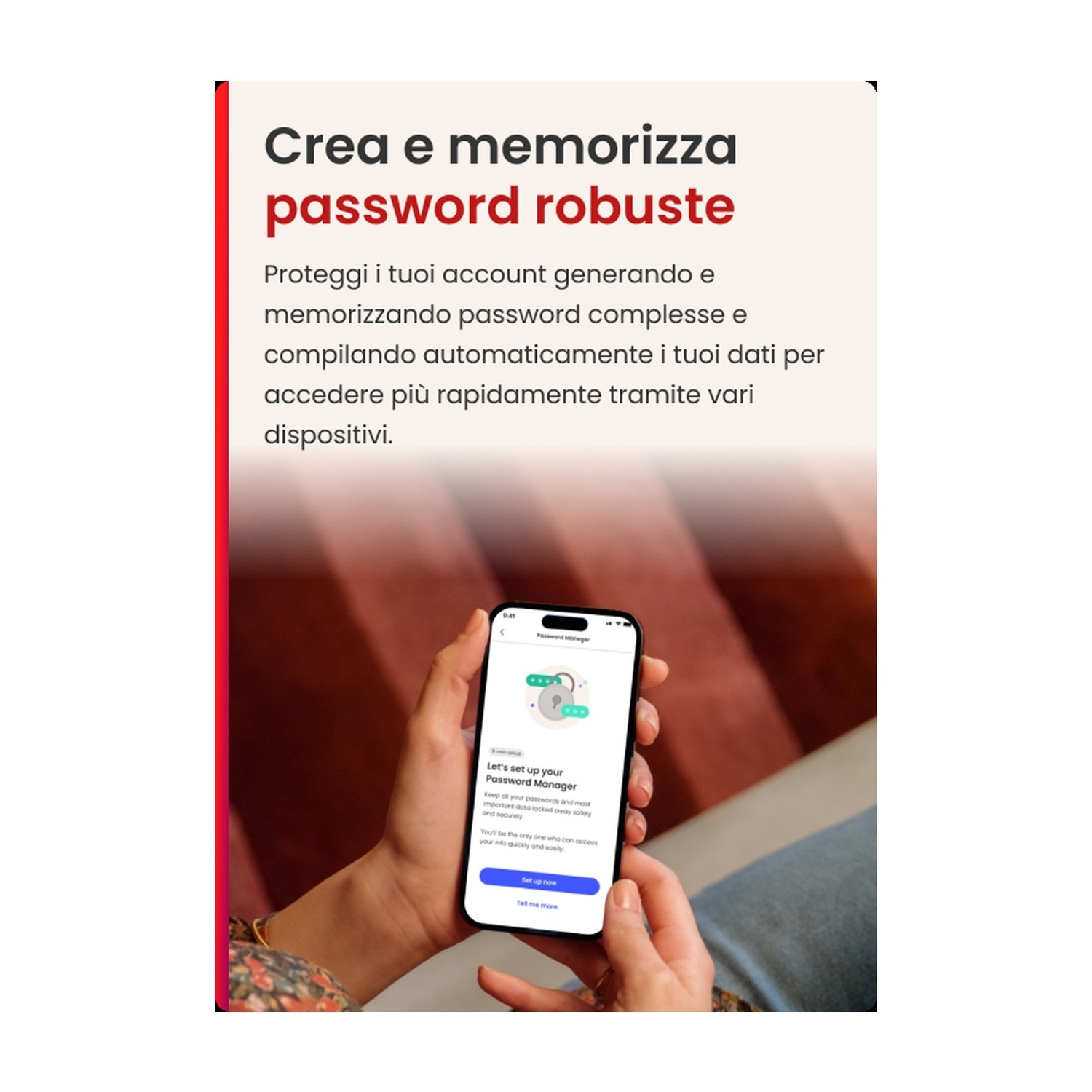 Una persona che tiene in mano uno smartphone che mostra un'app di gestione password.