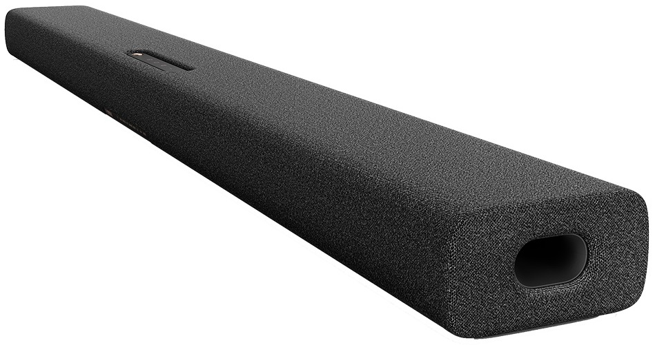 Czarny soundbar z zaokrąglonymi rogami, małym otworem u góry i dużym otworem z boku.