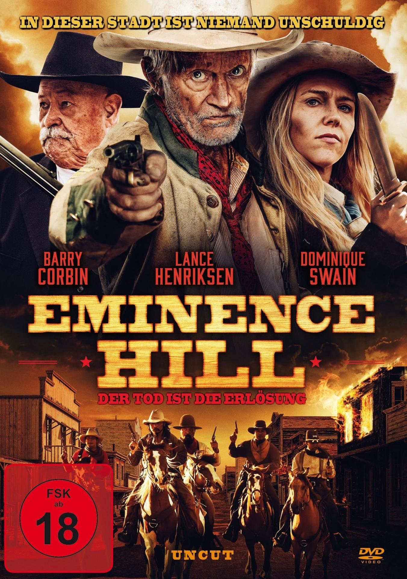 Filmposter für Eminence Hill, mit Cowboys zu Pferd. Der Titel ist in großen goldenen Buchstaben.