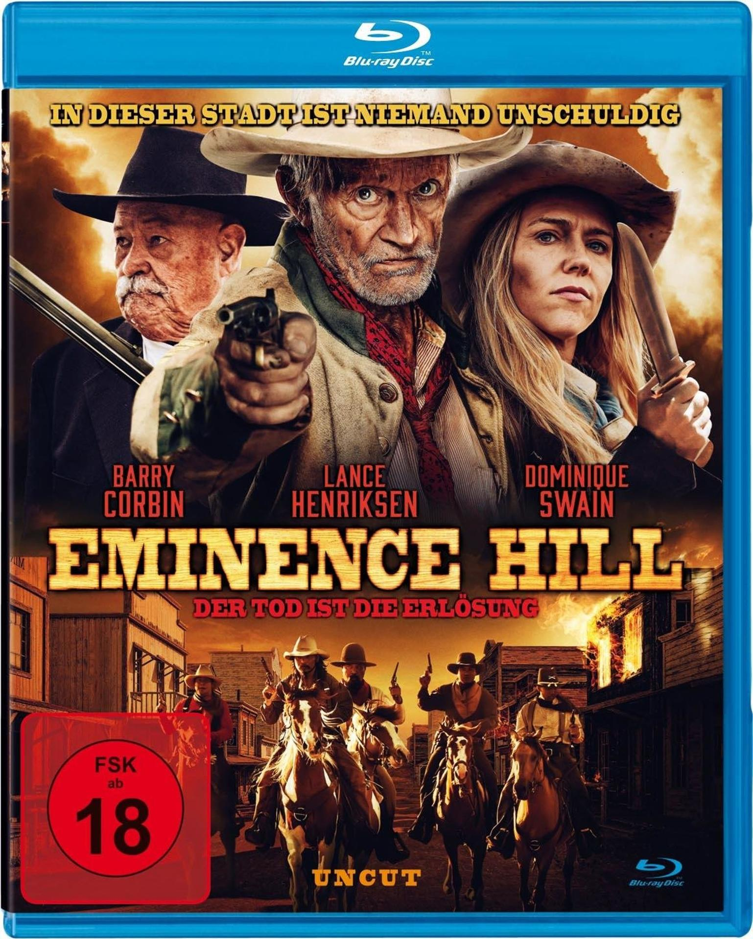 Filmposter mit drei Personen, einer Cowboy-Szene und den Worten 'Eminence Hill'.