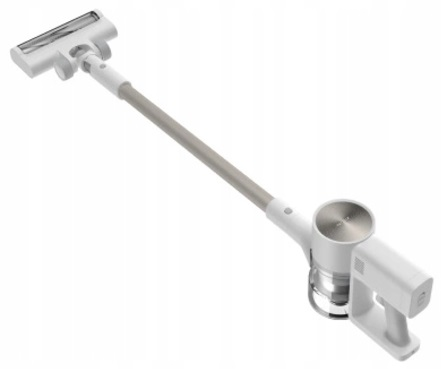 Biały odkurzacz bezprzewodowy skierowany w górę, z szarą przedłużką i białą głowicą.