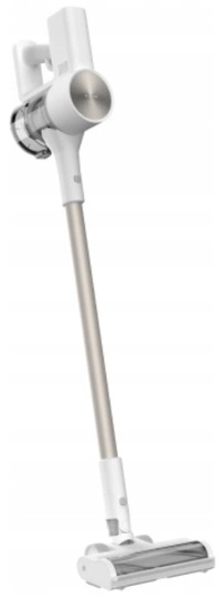 Wyświetlany jest biały odkurzacz bezprzewodowy. Ma długi uchwyt z głowicą na dole.