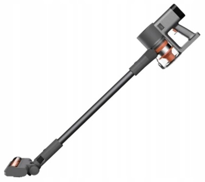 Szary i pomarańczowy bezprzewodowy odkurzacz. Widoczny uchwyt, wał i głowica.