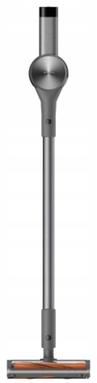 Srebrno-szary odkurzacz bezprzewodowy, widok pionowy, ze szczotką.
