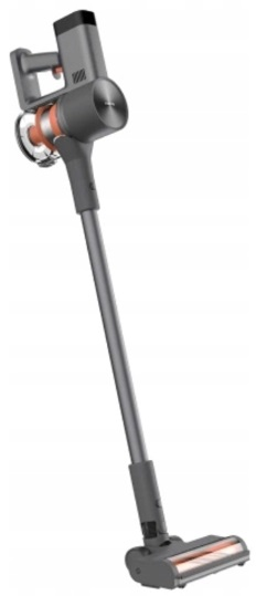 Szary i pomarańczowy odkurzacz pionowy. Białe tło.