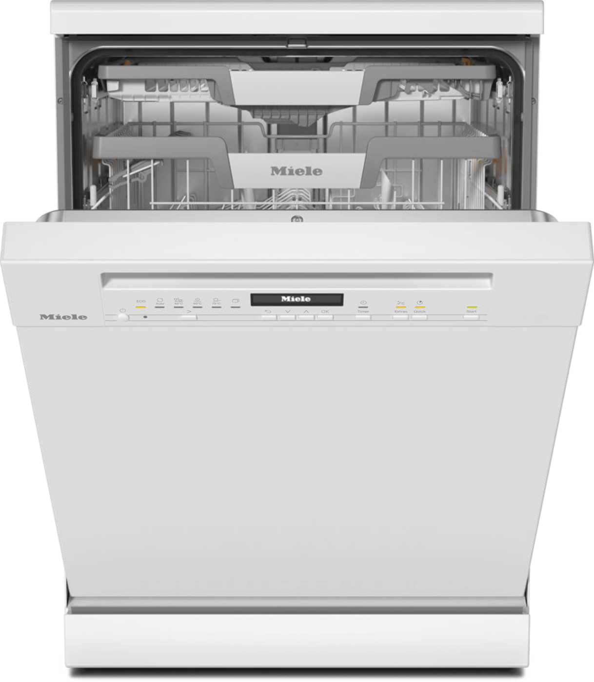 Weiße Miele-Spülmaschine mit offener Tür. Innenregale sichtbar. Miele-Logo vorhanden.