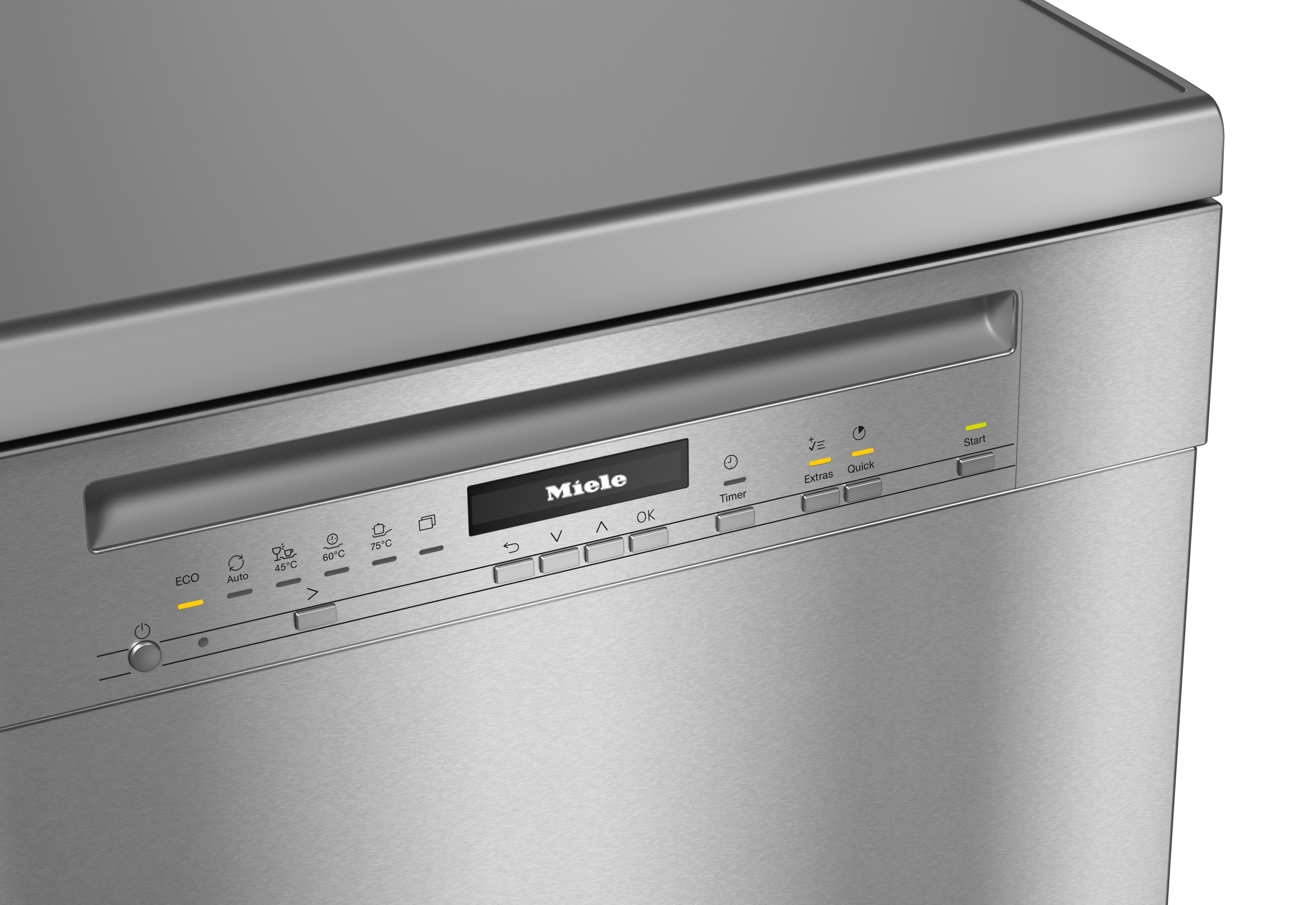 Nahaufnahme des Bedienfelds eines Miele-Geschirrspülers. Mehrere Programmtasten und eine Digitalanzeige sind sichtbar.