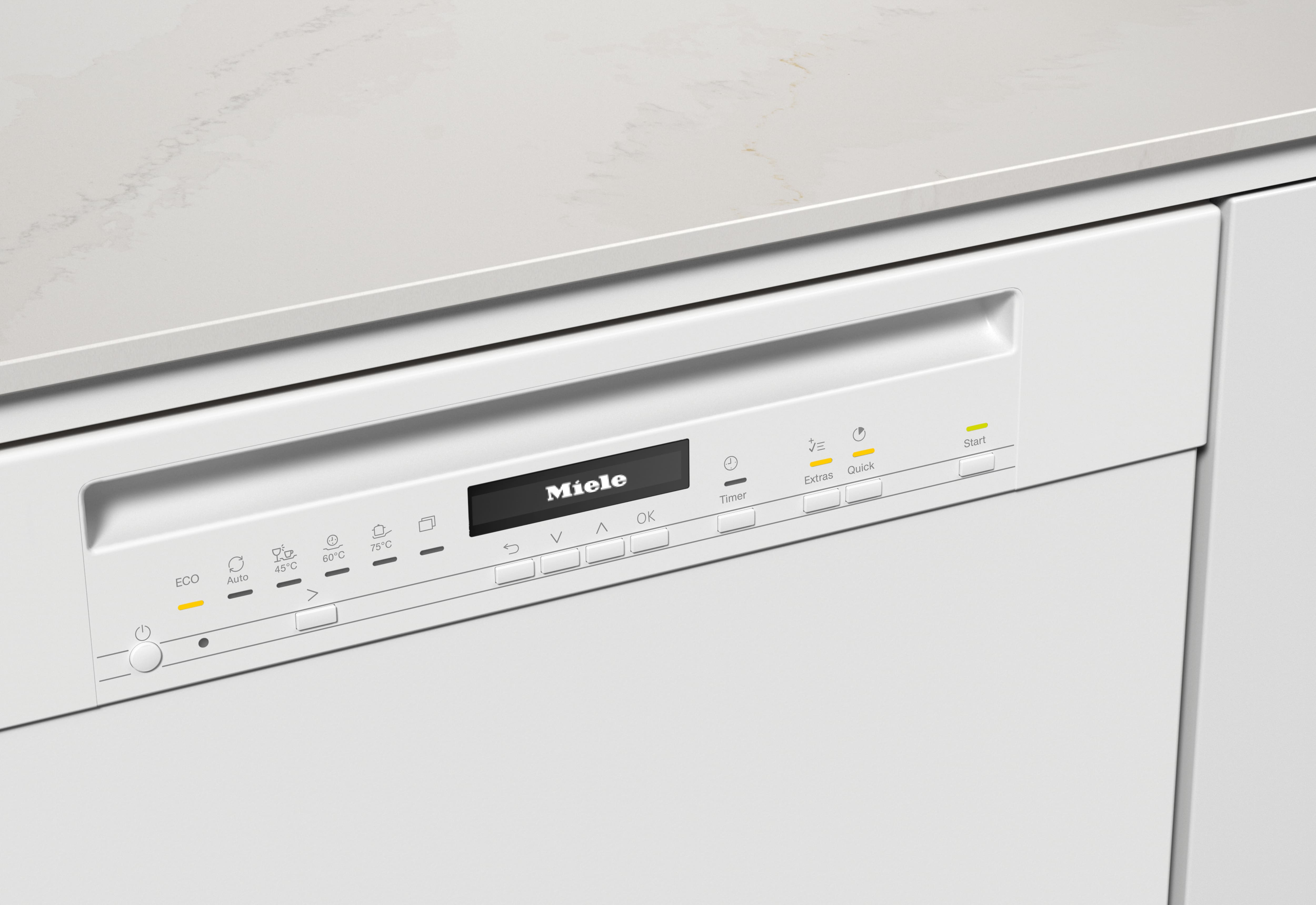 Nahaufnahme eines weißen Miele-Geschirrspüler-Bedienfelds. Es zeigt Tasten, ein Display mit 'Miele' und verschiedene Programmsymbole.