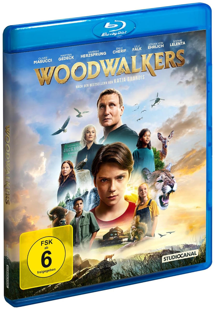 Blu-ray-Disc-Hülle eines Films namens 'Woodwalkers' mit Schauspielern und Bildern.