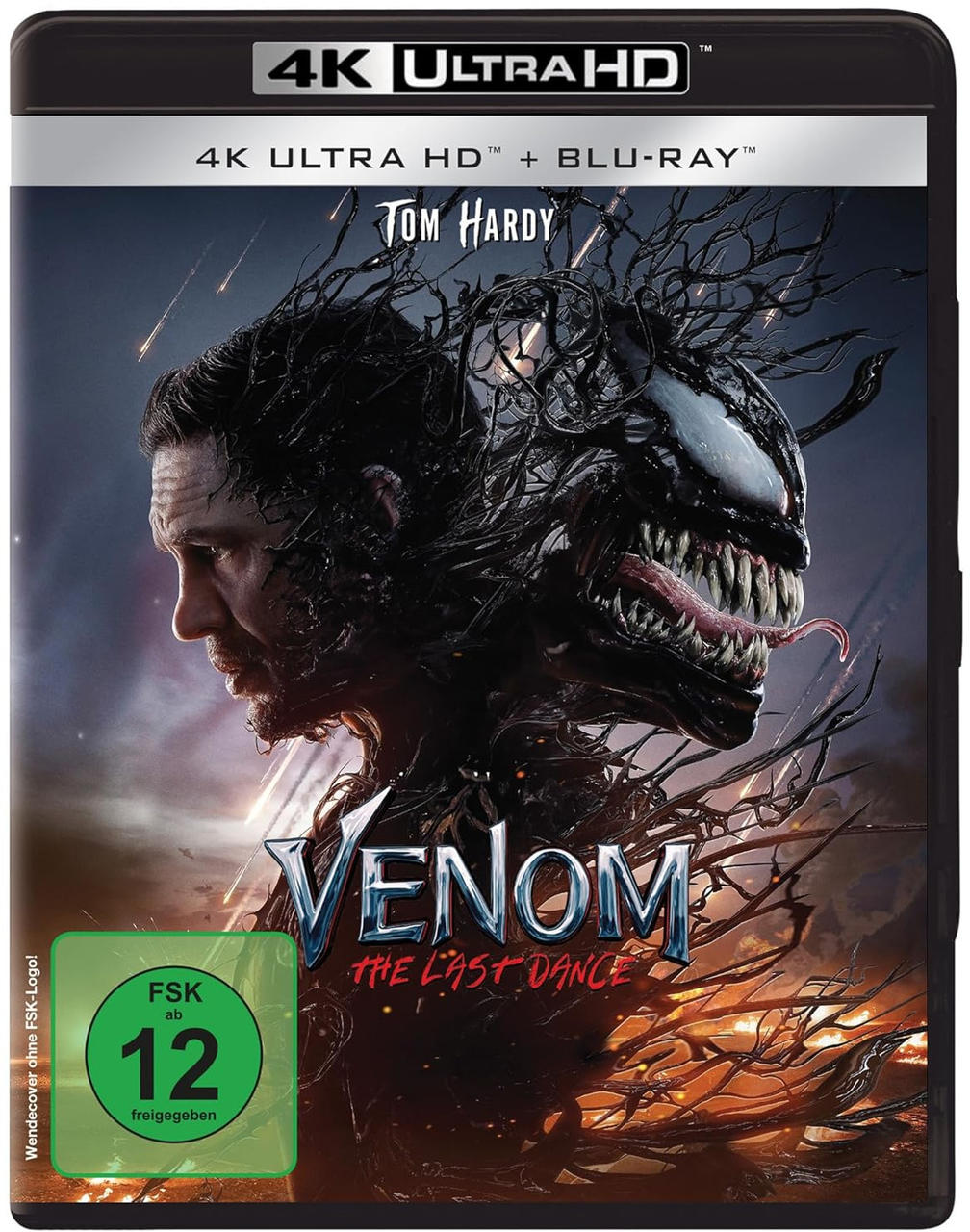 Filmcover: Tom Hardy als Venom, schwarz-weiß. 'Venom: The Last Dance'.