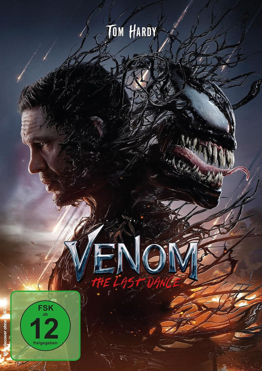 Filmplakat von Venom: The Last Dance. Tom Hardys Gesicht verschmilzt mit Venoms Gesicht. Dunkle Farben.