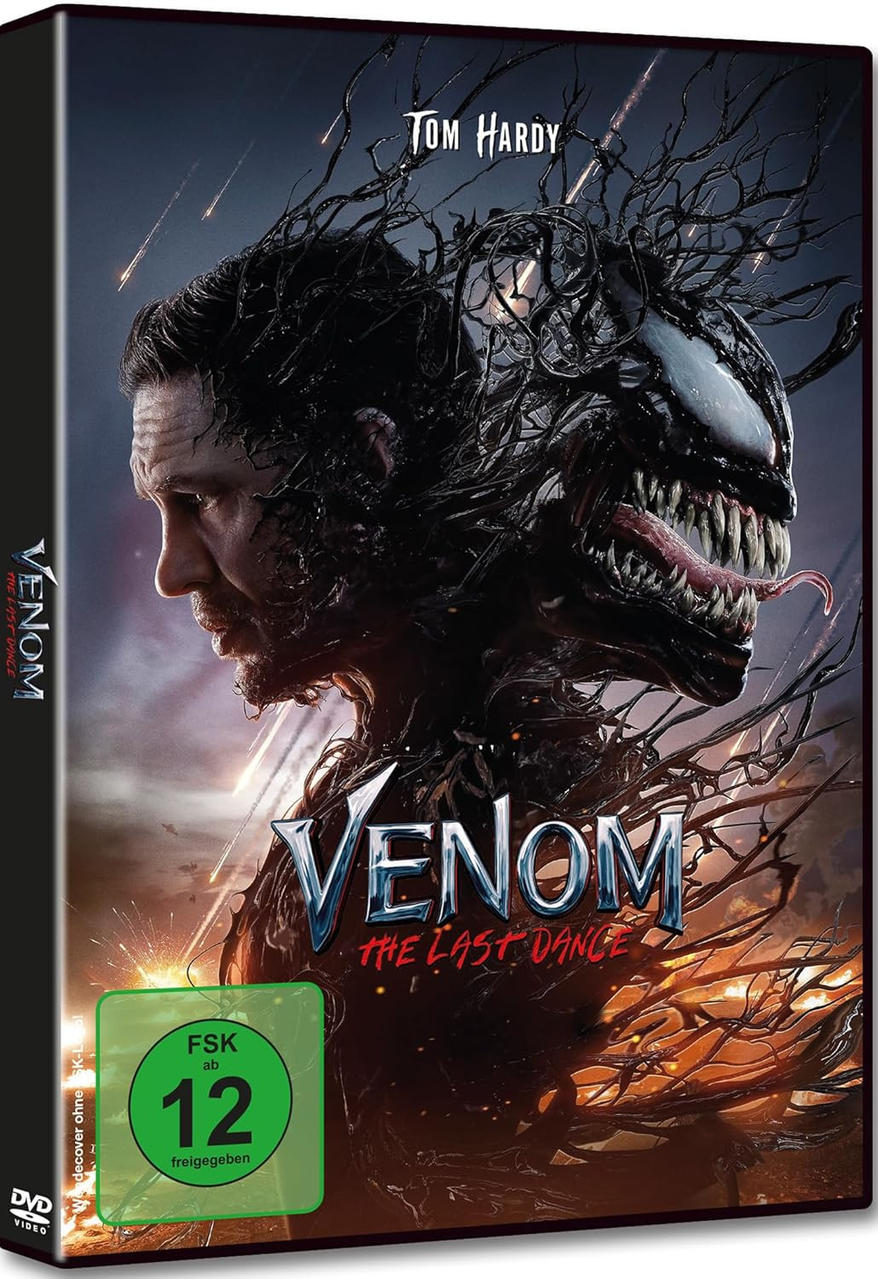 Venom-Film-DVD-Cover mit Tom Hardy, Schwarz- und Rottönen.