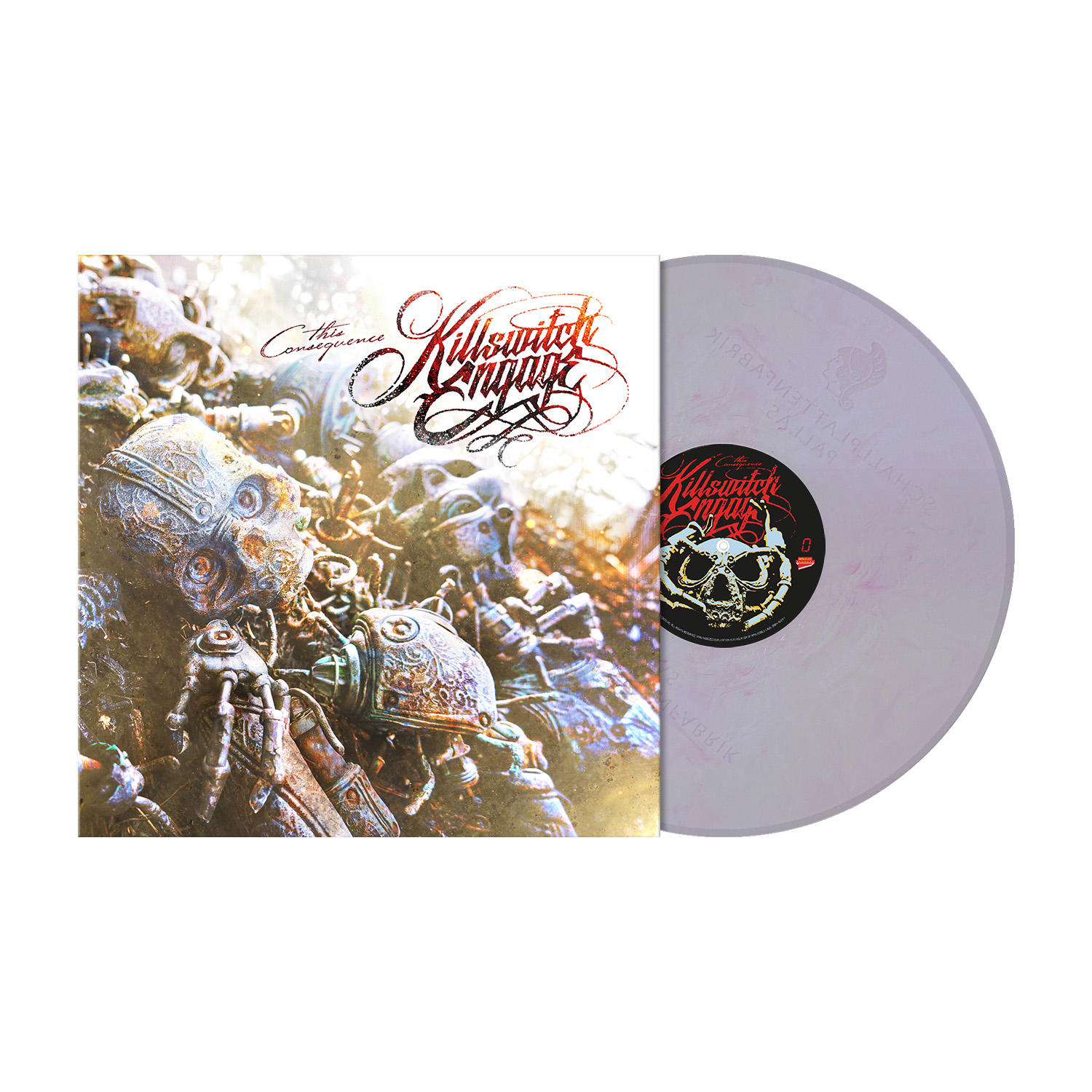 Vinyl-Schallplatte mit Artwork von Totenköpfen und Maschinen. Die Schallplatte ist rosa und weiß.