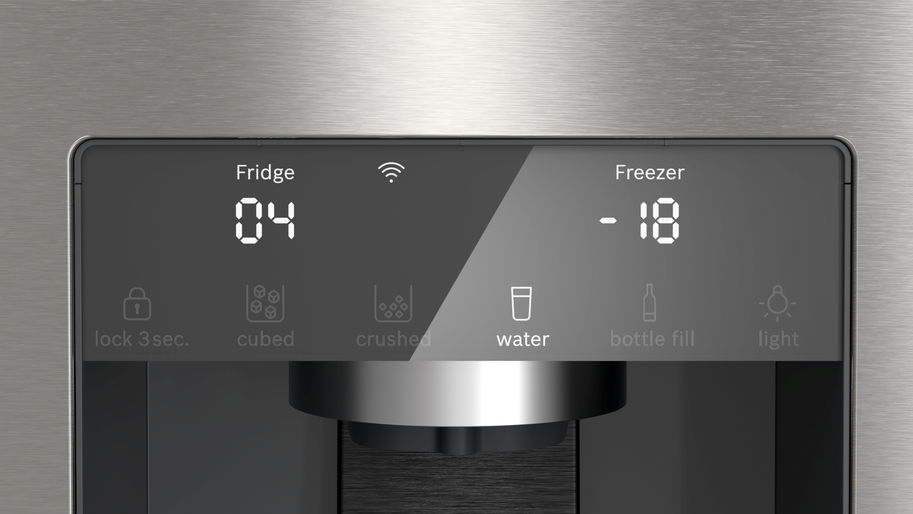 Pannello comandi frigorifero con frigo a 4°C, congelatore a -18°C e icone funzioni: blocco, ghiaccio, acqua, luce.