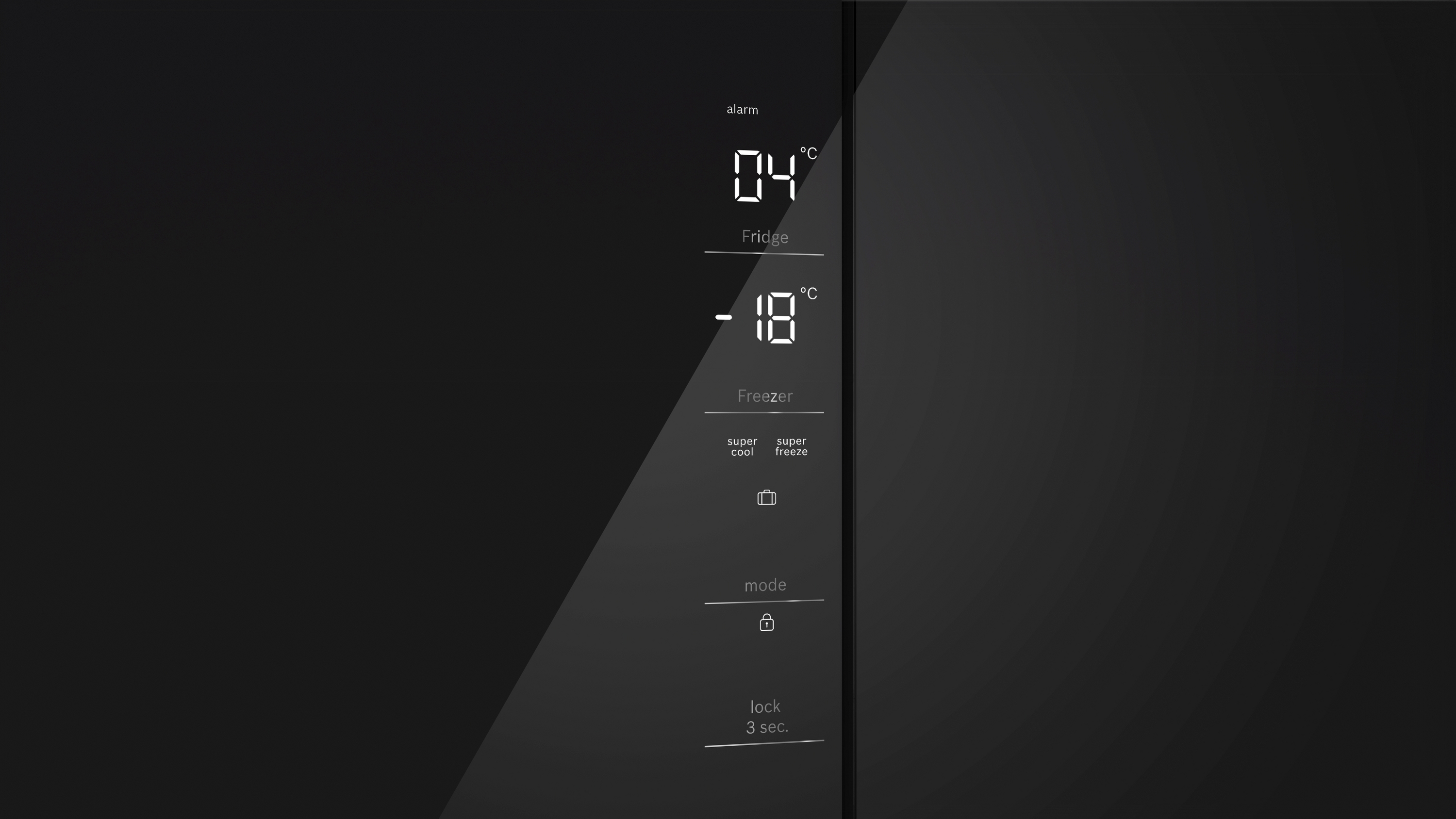 Una porta nera del frigorifero mostra le temperature del frigo e del congelatore. Ha anche impostazioni di modalità e blocco.