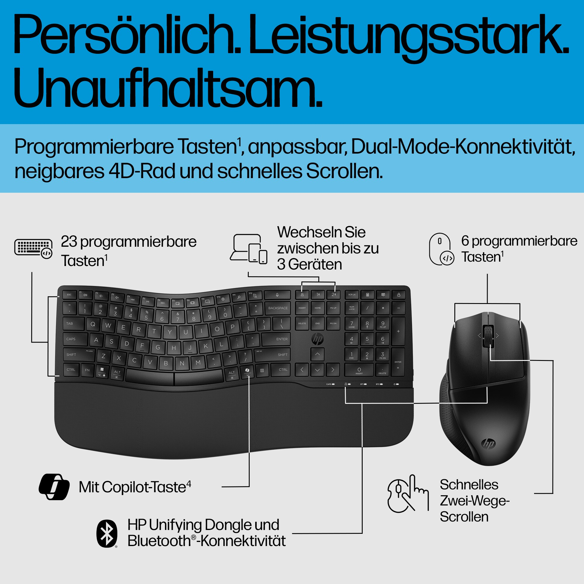 Schwarze Tastatur und Maus mit Text: Persönlich. Leistungsstark. Unaufhaltsam. Funktionen werden hervorgehoben.