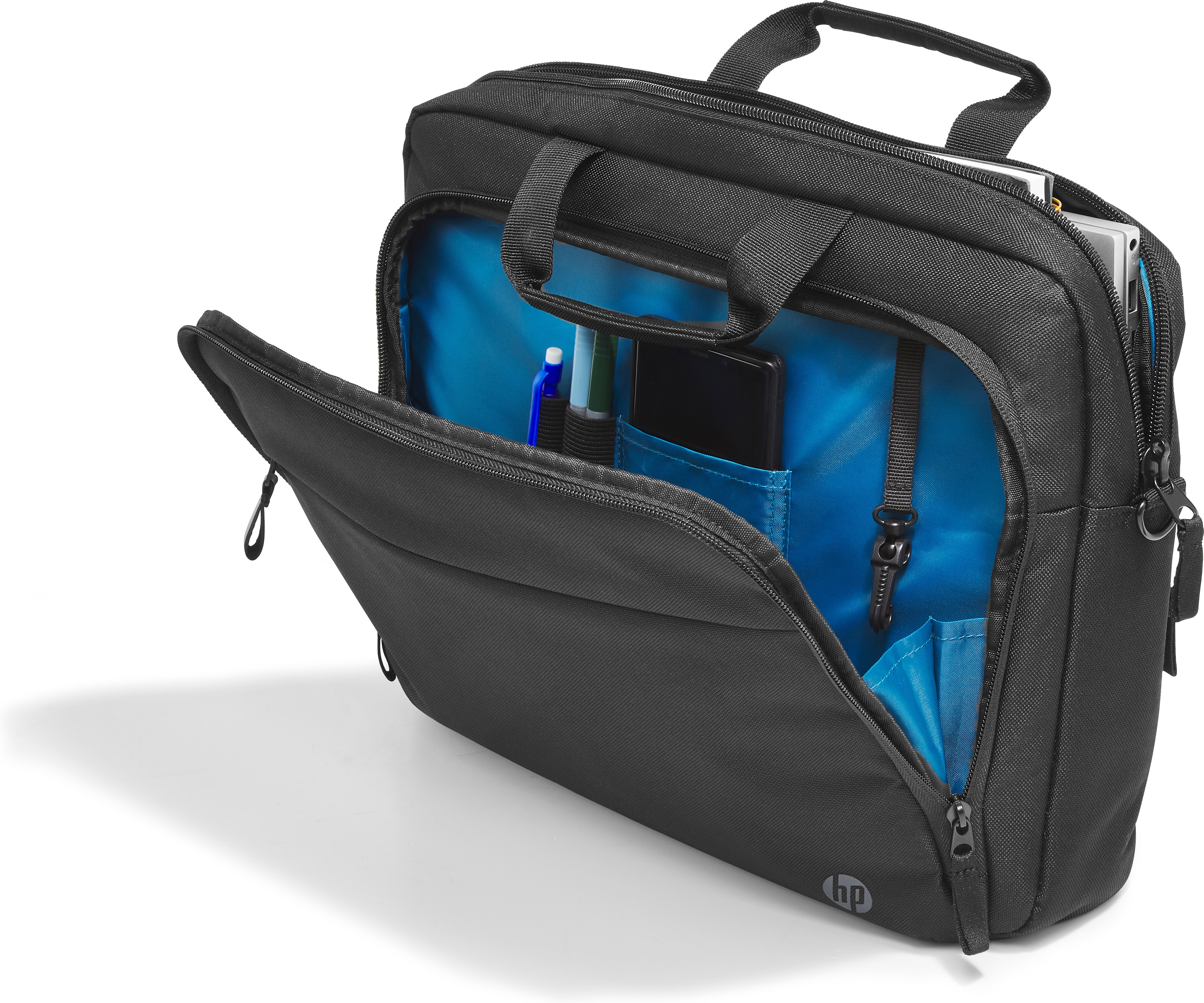 Black HP laptop bag, open, revealing blue interior and pockets.