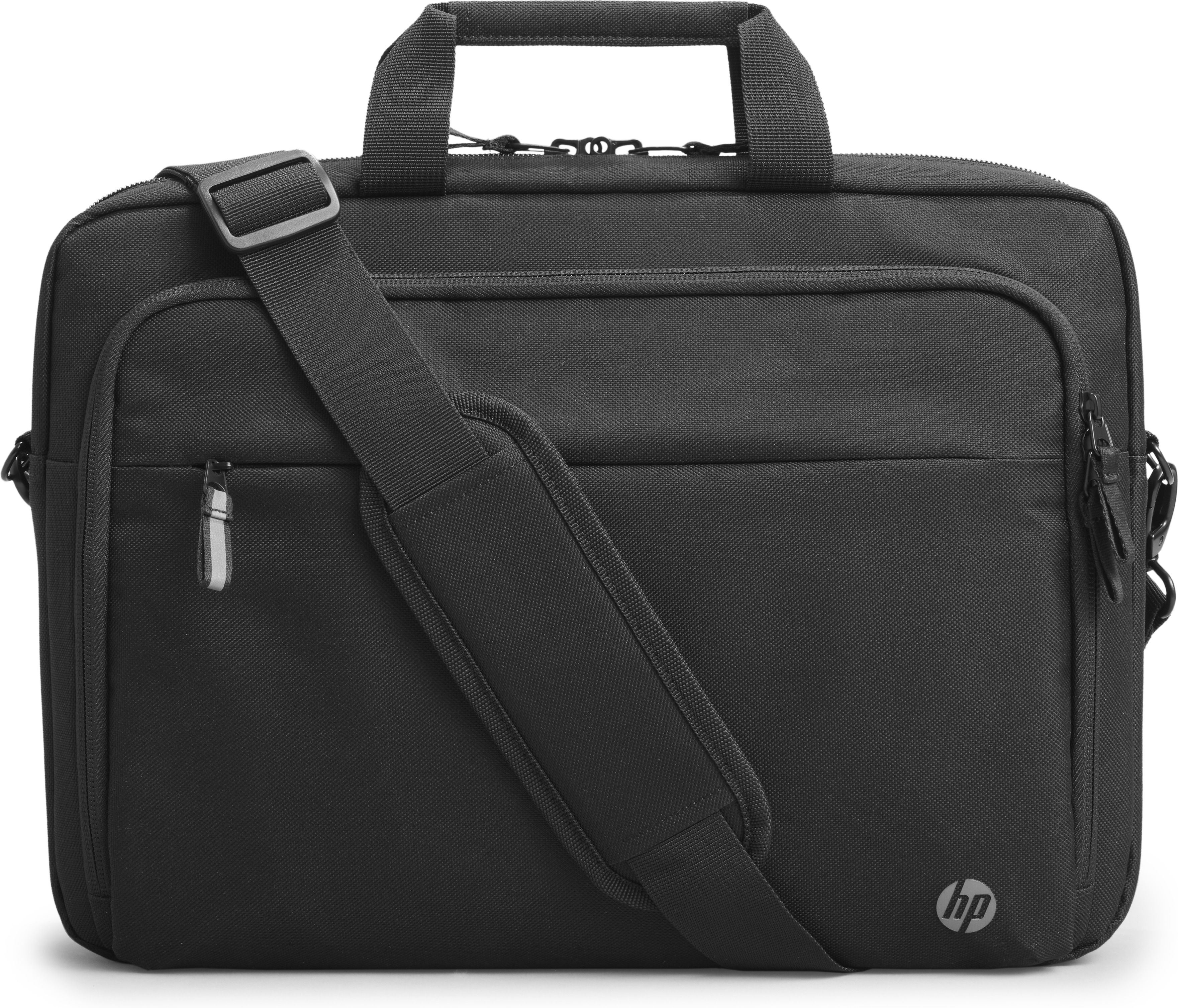 Black HP laptop bag with handle, shoulder strap and zipper pockets. HP logo is visible.