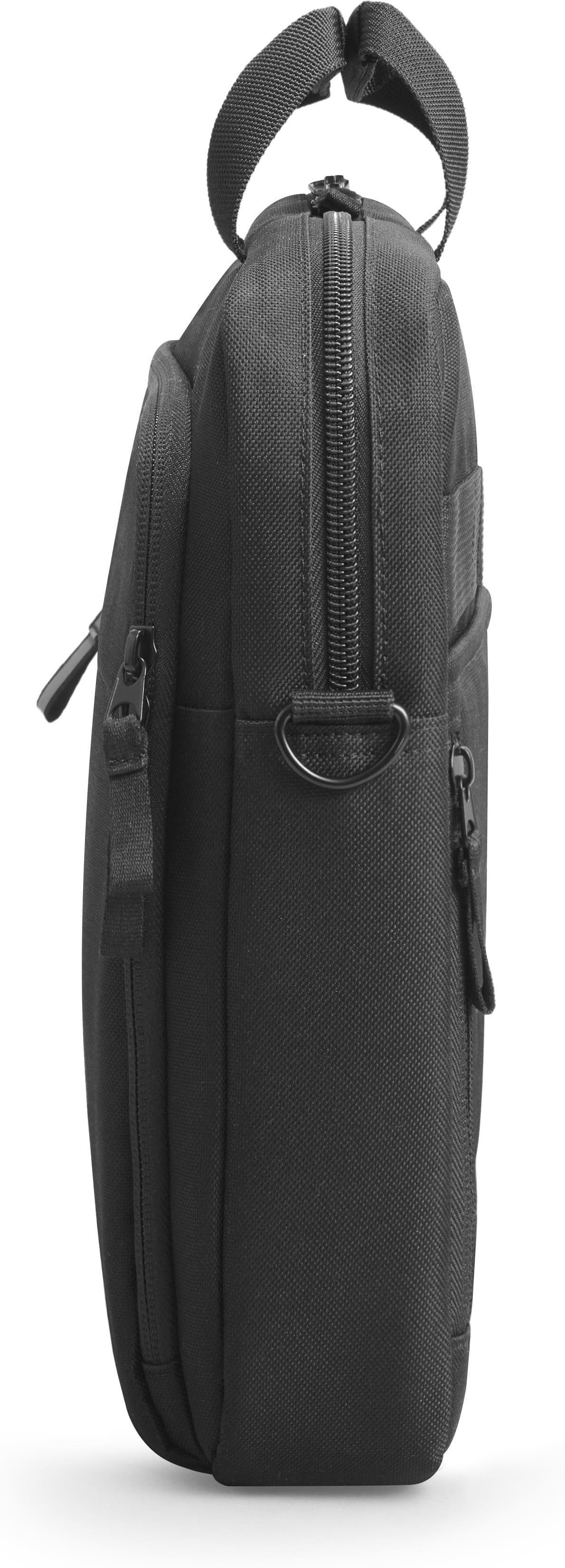Black laptop bag. Features a handle, zipper, and side pockets. Side view.