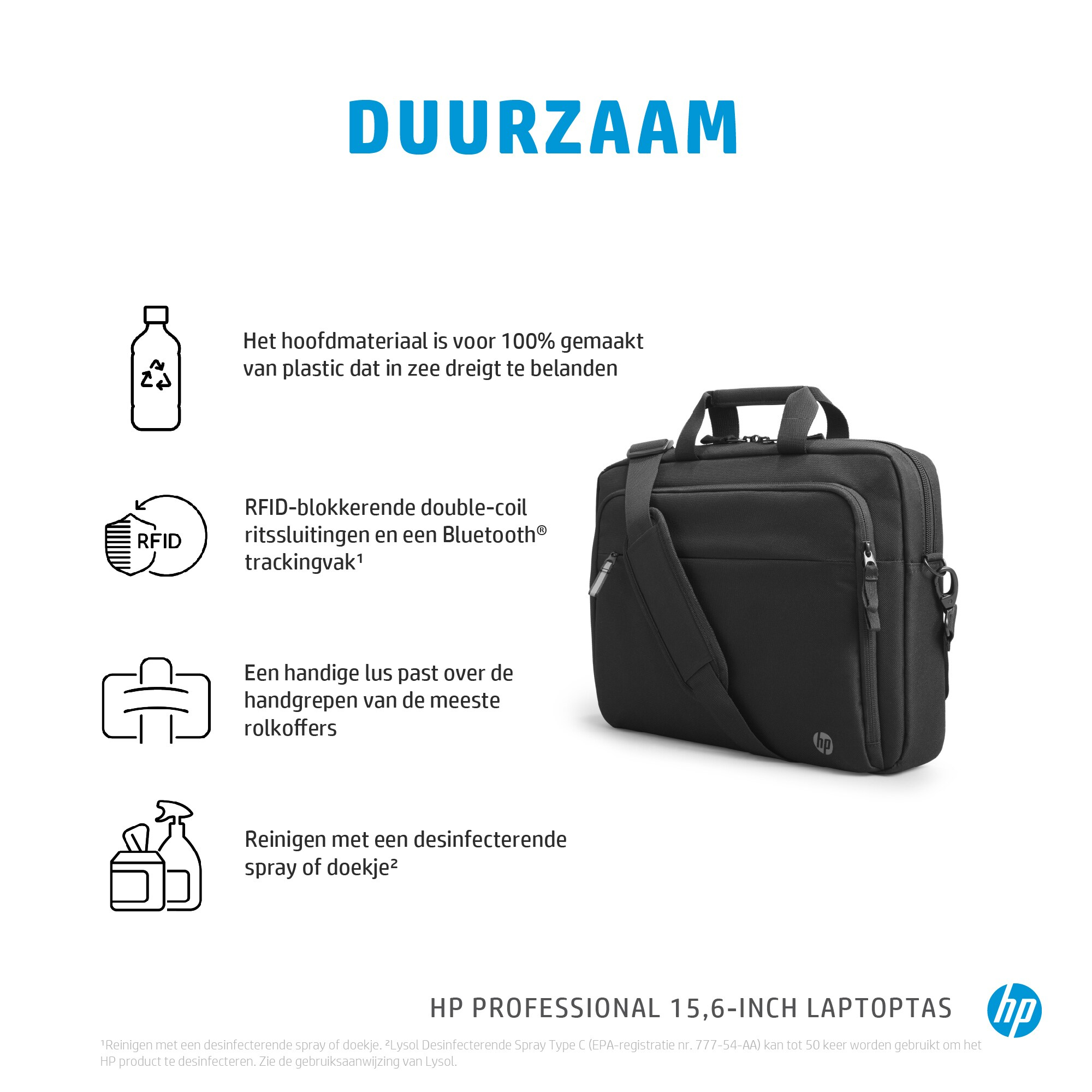 HP black laptop bag with text and icons for features like Bluetooth and RFID.