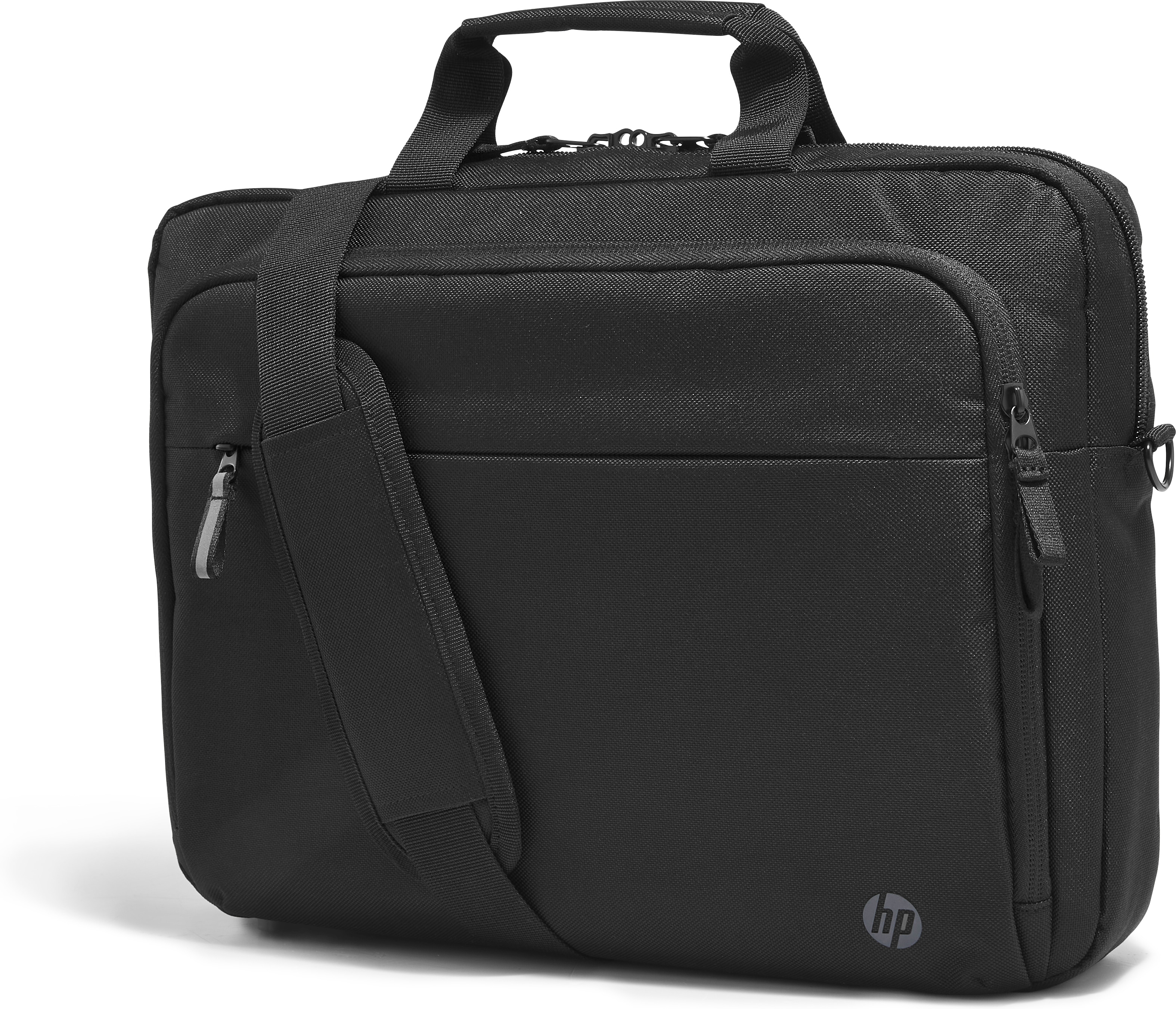 A black HP laptop bag with a shoulder strap and a front pocket, against a white background.